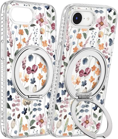 Loheckle for iPhone 17 Case with Stand- Compatible with MagSafe Women Girls Cute Clear Girly Aesthetic Unique Design Soft TPU Magnetic Ring Phone Cover for Apple 17, Purple Flower in Kuwait