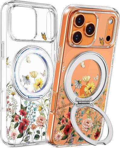 Loheckle for iPhone 17 Case with Stand- Compatible with MagSafe Women Girls Cute Clear Girly Aesthetic Unique Design Soft TPU Magnetic Ring Phone Cover for Apple 17, Purple Flower in Kuwait