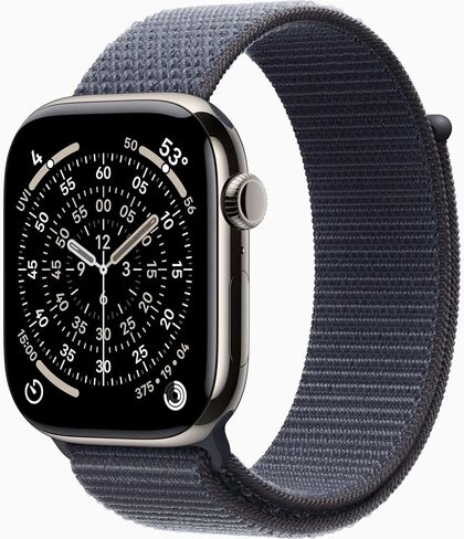 Apple Watch Series 11 [نظام تحديد المواقع + شبكة خلوية، 46 ملم] هيكل من التيتانيوم الطبيعي مع حزام رياضي أزرق مرساة، مقاس واحد (متجدد) in Saudi Arabia