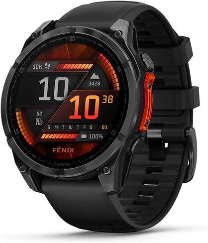 Garmin fēnix® 8 – 47 ملم، AMOLED، ساعة ذكية Premium Multisport GPS، عمر بطارية طويل الأمد، تصنيف الغوص، مصباح يدوي LED مدمج، رمادي داكن مع شريط أسود (متجدد) in Kuwait