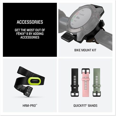 Garmin fēnix® 8 – 47 ملم، AMOLED، ساعة ذكية Premium Multisport GPS، عمر بطارية طويل الأمد، تصنيف الغوص، مصباح يدوي LED مدمج، رمادي داكن مع شريط أسود (متجدد) in Kuwait