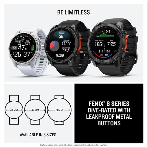 Garmin fēnix® 8 – 47 ملم، AMOLED، ساعة ذكية Premium Multisport GPS، عمر بطارية طويل الأمد، تصنيف الغوص، مصباح يدوي LED مدمج، رمادي داكن مع شريط أسود (متجدد) in Kuwait
