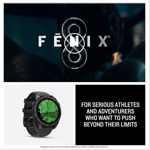Garmin fēnix® 8 – 47 ملم، AMOLED، ساعة ذكية Premium Multisport GPS، عمر بطارية طويل الأمد، تصنيف الغوص، مصباح يدوي LED مدمج، رمادي داكن مع شريط أسود (متجدد) in Kuwait