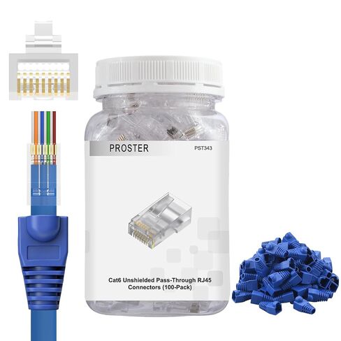Proster Cat6 Pass-Through RJ45 Connectors - 100PCS Gold Plated Ethernet Connectors with Blue Boots & Storage Jar, for 23-24 AWG Solid/Stranded UTP Cable, T568A/T568B in Kuwait