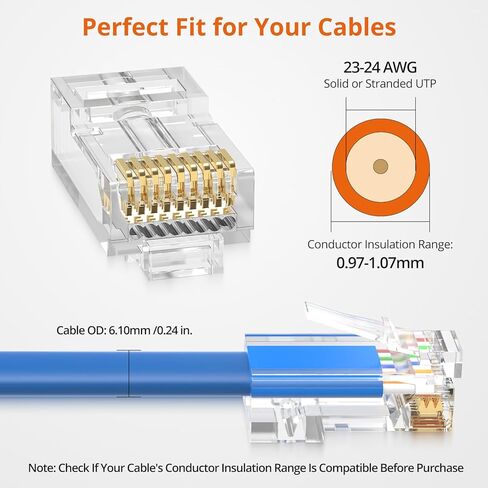 Proster Cat6 Pass-Through RJ45 Connectors - 100PCS Gold Plated Ethernet Connectors with Blue Boots & Storage Jar, for 23-24 AWG Solid/Stranded UTP Cable, T568A/T568B in Kuwait