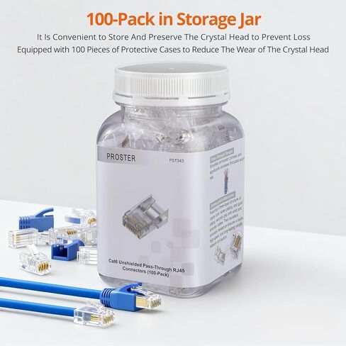 Proster Cat6 Pass-Through RJ45 Connectors - 100PCS Gold Plated Ethernet Connectors with Blue Boots & Storage Jar, for 23-24 AWG Solid/Stranded UTP Cable, T568A/T568B in Kuwait