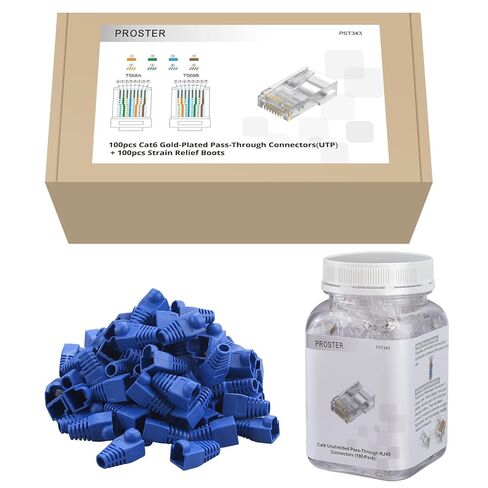 Proster Cat6 Pass-Through RJ45 Connectors - 100PCS Gold Plated Ethernet Connectors with Blue Boots & Storage Jar, for 23-24 AWG Solid/Stranded UTP Cable, T568A/T568B in Kuwait
