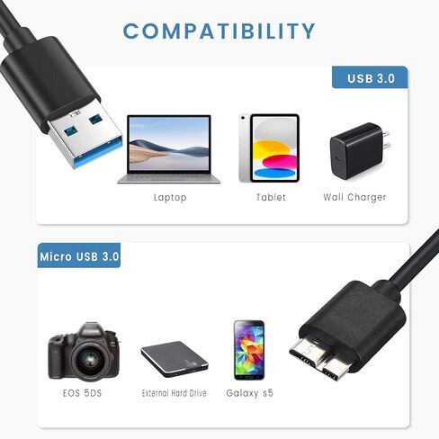 2-Pack USB 3.0 Micro B Cable, External Hard Drive Data Cord for Seagate, Toshiba, Western Digital WD My Passport, 3 ft in Saudi Arabia