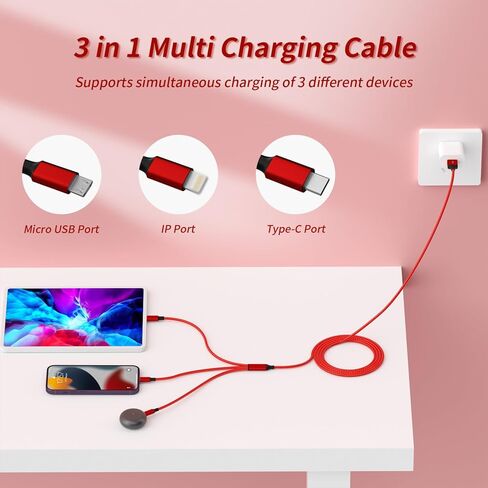 3 in 1 Multi Charging Cable[2 Pack 4FT], Red Braided Nylon USB Cable & Travel Charger for Multiple Devices, Universal Phone Charger Compatible with iPhone 17/16/15/14, Android Tablets,iPad and More in Saudi Arabia
