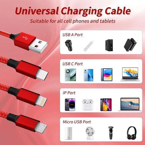 3 in 1 Multi Charging Cable[2 Pack 4FT], Red Braided Nylon USB Cable & Travel Charger for Multiple Devices, Universal Phone Charger Compatible with iPhone 17/16/15/14, Android Tablets,iPad and More in Saudi Arabia