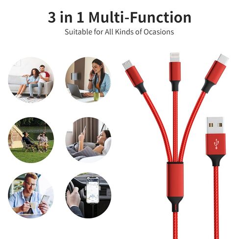 3 in 1 Multi Charging Cable[2 Pack 4FT], Red Braided Nylon USB Cable & Travel Charger for Multiple Devices, Universal Phone Charger Compatible with iPhone 17/16/15/14, Android Tablets,iPad and More in Saudi Arabia
