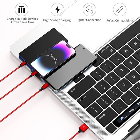 3 in 1 Multi Charging Cable[2 Pack 4FT], Red Braided Nylon USB Cable & Travel Charger for Multiple Devices, Universal Phone Charger Compatible with iPhone 17/16/15/14, Android Tablets,iPad and More in Saudi Arabia