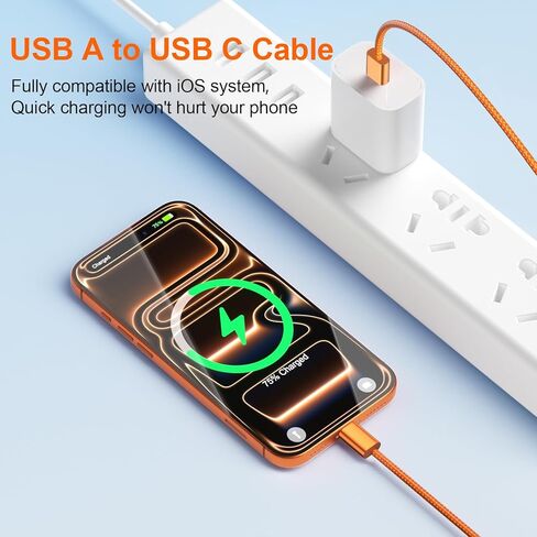 كابل شاحن سيارة USB A إلى USB C لهاتف iPhone 17 16 بطول 3 أقدام، سلك شحن سريع مجدول من النوع C وتشغيل السيارة لهاتف iPhone 17 Pro Max 16e 16 Pro Max 15/iPad 11 10th لهاتف Samsung S25 S24 S23 Ultra Pixel Phone، برتقالي in Kuwait