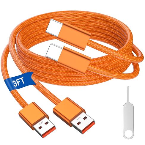 كابل شاحن سيارة USB A إلى USB C لهاتف iPhone 17 16 بطول 3 أقدام، سلك شحن سريع مجدول من النوع C وتشغيل السيارة لهاتف iPhone 17 Pro Max 16e 16 Pro Max 15/iPad 11 10th لهاتف Samsung S25 S24 S23 Ultra Pixel Phone، برتقالي in Kuwait