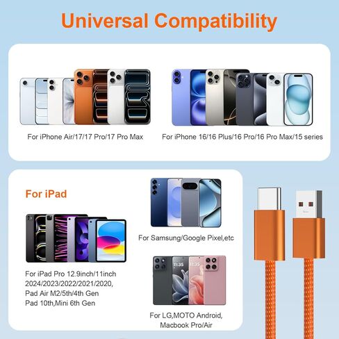 كابل شاحن سيارة USB A إلى USB C لهاتف iPhone 17 16 بطول 3 أقدام، سلك شحن سريع مجدول من النوع C وتشغيل السيارة لهاتف iPhone 17 Pro Max 16e 16 Pro Max 15/iPad 11 10th لهاتف Samsung S25 S24 S23 Ultra Pixel Phone، برتقالي in Kuwait
