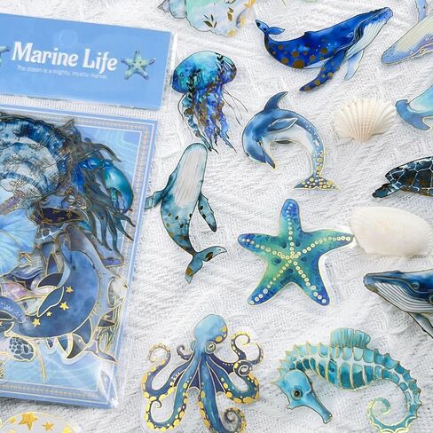 Cute Marine Life Gold-Embossed Waterproof Stickers for Water Bottle, 50PCS Cool Marine Creatures Transparent Stickers Pack for Laptop, Scrapbook, Ocean Animal Blue Golden Decals Gift in Kuwait
