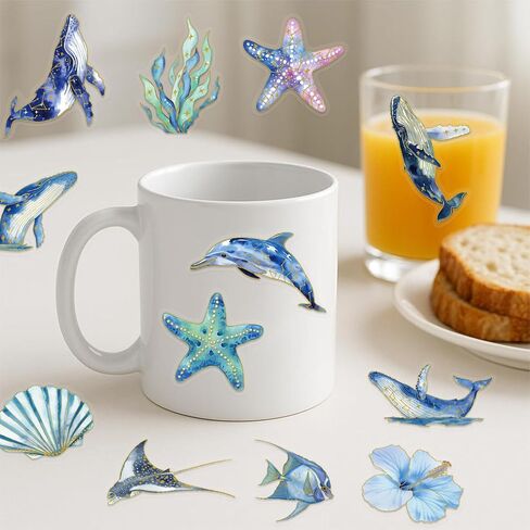 Cute Marine Life Gold-Embossed Waterproof Stickers for Water Bottle, 50PCS Cool Marine Creatures Transparent Stickers Pack for Laptop, Scrapbook, Ocean Animal Blue Golden Decals Gift in Kuwait