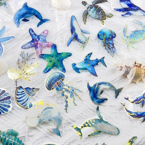Cute Marine Life Gold-Embossed Waterproof Stickers for Water Bottle, 50PCS Cool Marine Creatures Transparent Stickers Pack for Laptop, Scrapbook, Ocean Animal Blue Golden Decals Gift in Kuwait