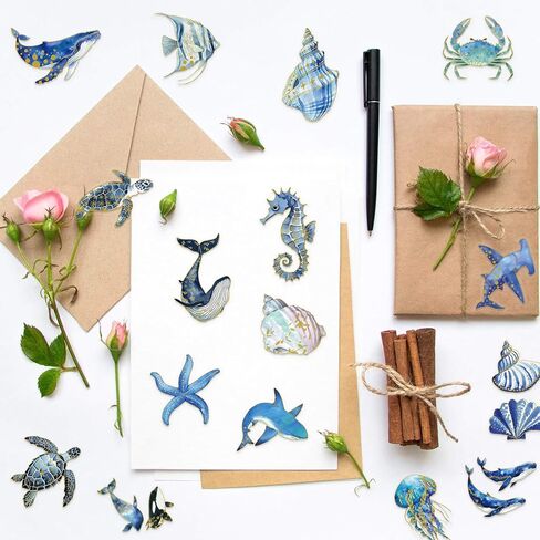 Cute Marine Life Gold-Embossed Waterproof Stickers for Water Bottle, 50PCS Cool Marine Creatures Transparent Stickers Pack for Laptop, Scrapbook, Ocean Animal Blue Golden Decals Gift in Kuwait