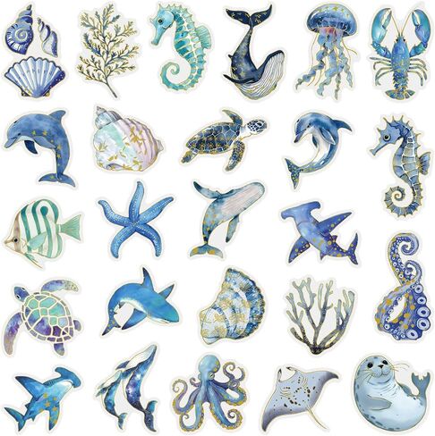 Cute Marine Life Gold-Embossed Waterproof Stickers for Water Bottle, 50PCS Cool Marine Creatures Transparent Stickers Pack for Laptop, Scrapbook, Ocean Animal Blue Golden Decals Gift in Kuwait
