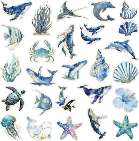 Cute Marine Life Gold-Embossed Waterproof Stickers for Water Bottle, 50PCS Cool Marine Creatures Transparent Stickers Pack for Laptop, Scrapbook, Ocean Animal Blue Golden Decals Gift in Kuwait