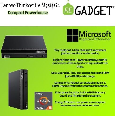 كمبيوتر مكتبي Lenovo Thinkcentre M75Q G2 مع معالج AMD Ryzen 5 PRO 4650GE وذاكرة الوصول العشوائي (RAM) سعة 16 جيجابايت وذاكرة الوصول العشوائي (SSD) سعة 256 جيجابايت ونظام التشغيل Windows 11 Pro (متجدد) in Kuwait