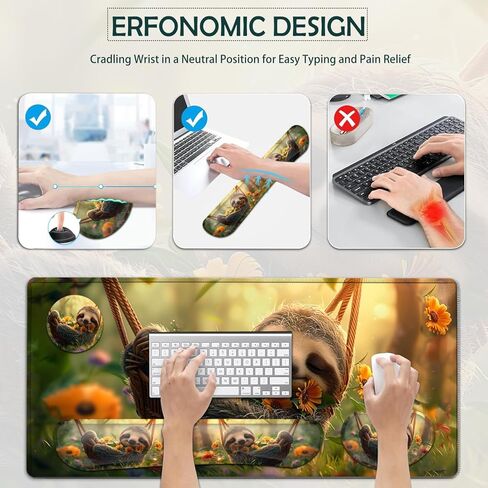 JVGFYNKL Large Gaming Mouse Pad Set, Ergonomic Memory Foam Keyboard Wrist Rest Support + Mouse Wrist Rest + Extended Desk Mat with Non-Slip Rubber Base, Cute Sloth Pattern Desk Pad in Saudi Arabia