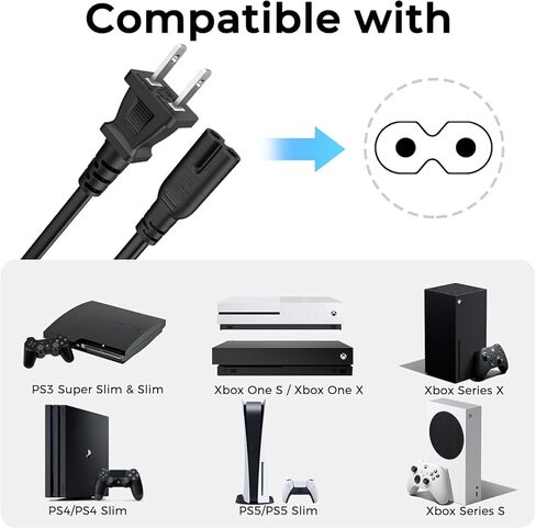 سلك طاقة تيار متردد ذو شقين لجهاز Sony PS5 PS4 PS3 Slim PlayStation 5 4 3، Xbox Series S/X، Xbox One S/X، التلفزيون، استبدال كابل الطاقة العالمي للطابعة in Saudi Arabia