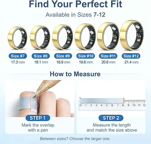 Smart Ring Health & Fitness Tracker for Men & Women, Heart Rate, SPO₂, Sleep & Activity Monitoring, IP68 Waterproof, Long Battery Life, Family Care Mode, No Subscription Fee (Gold, 7) in Kuwait
