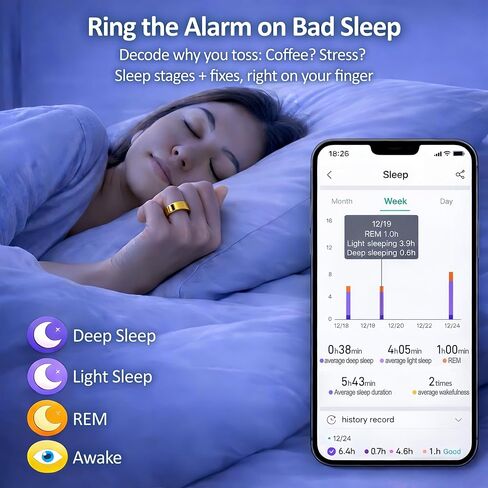 Smart Ring Health & Fitness Tracker for Men & Women, Heart Rate, SPO₂, Sleep & Activity Monitoring, IP68 Waterproof, Long Battery Life, Family Care Mode, No Subscription Fee (Gold, 7) in Kuwait