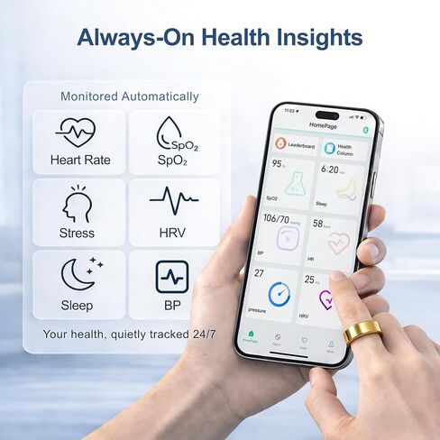 Smart Ring Health & Fitness Tracker for Men & Women, Heart Rate, SPO₂, Sleep & Activity Monitoring, IP68 Waterproof, Long Battery Life, Family Care Mode, No Subscription Fee (Gold, 7) in Kuwait