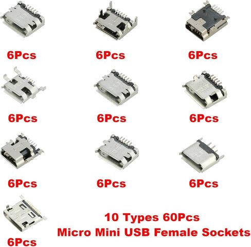 60 قطعة 10 أنواع المصغّر USB ميناء أنثى مآخذ طقم توصيل 5 دبوس جاك موصل مقبس USB لحام إصلاح استبدال التكيف in Saudi Arabia