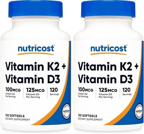 Nutricost Vitamin K2 (MK7) (100mcg) + Vitamin D3 (5000 IU) 120 Softgels - Gluten Free and Non-GMO in Saudi Arabia