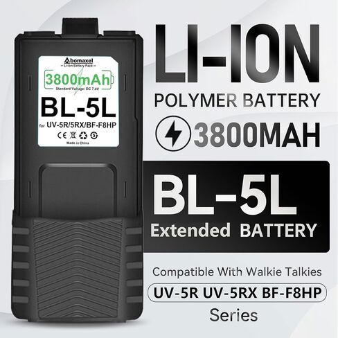 بطارية أبوماكسل BL-5L ممتدة لأجهزة الاتصال اللاسلكي، حزمة بطارية ليثيوم أيون بوليمر 3800 مللي أمبير في الساعة 7.4 فولت، شحن من النوع C، متوافقة مع سلسلة UV-5R UV-5RX BF-F8HP in Kuwait