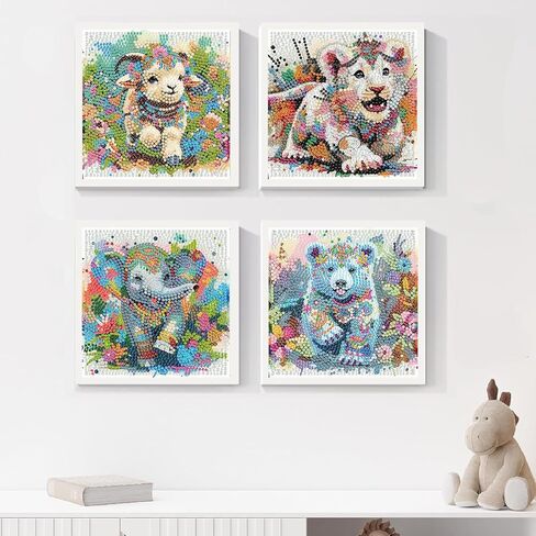 flajz 4 حزمة الماس الفن للأطفال، 5d الكرتون لطيف الحيوانات الماس اللوحة للأطفال، diy الحفر الكامل جولة فسيفساء جوهرة الفن مجموعات لديكور جدار المنزل 6x6 بوصة in Kuwait