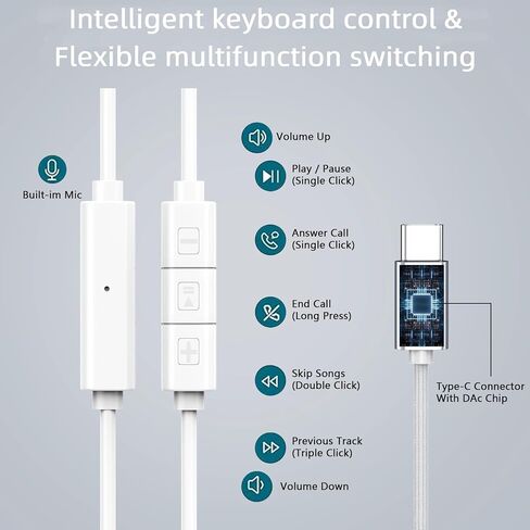 USB C Headphones Compatible with MacBook Pro Air Surface Microsoft HP Lenovo Dell Asus Acer Laptop, Wired Earbuds USB C Stereo Headphones with Noise Canceling Microphone in Saudi Arabia