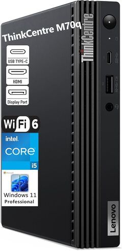 كمبيوتر مكتبي Lenovo ThinkCentre M70q Business Mini PC، ذاكرة الوصول العشوائي DDR4 سعة 32 جيجابايت، 1 تيرابايت PCIe SSD، Intel i5-10400، WiFi 6، بلوتوث، هوائي لاسلكي، Windows 11 Pro (متجدد) (متجدد) in Kuwait