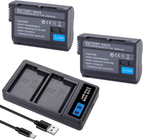 بطاريات EN-EL15 /EL15A/EL15B/EL15C مع شاحن USB مزدوج متوافق مع كاميرات Nikon Z6 Z7 D500 D600 D610 D750 D780 D800 D800E D810 D810A D850 D7000 D7100 D7200 D7500 2550 مللي أمبير في الساعة in Kuwait