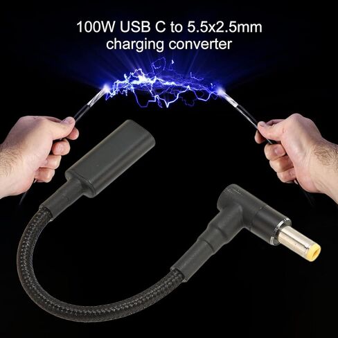 USB C to DC 5.5mm x 2.5mm, 100W USB C to DC 5.5mm x 2.5mm Power Cord, USB Type C Female to Male Adapter for Laptop, USB C to DC 5.5x2.5mm Adapter, Aluminium Alloy and Knitted Nylon in Kuwait