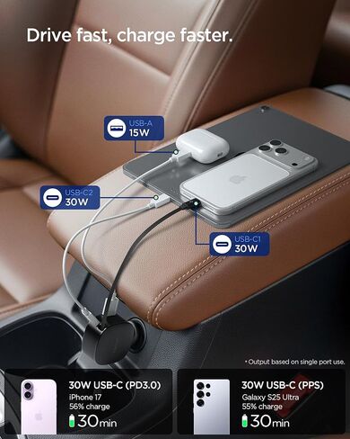 شاحن سيارة سبايجن قابل للسحب 60 وات، شاحن هاتف سيارة USB C سريع، محول سيارة كوانتوم بوست لهواتف iPhone 17 16 15 14 Pro Max، Samsung Galaxy S25 S24، Google Pixel، ملحقات السيارة in Saudi Arabia