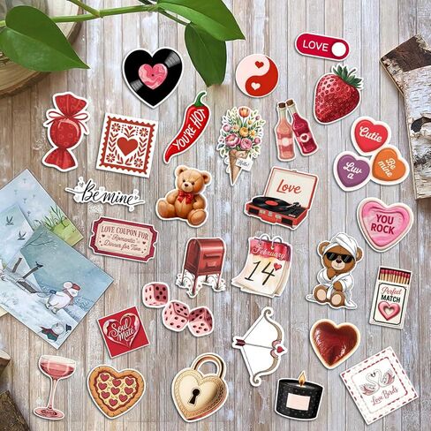 28 Pcs Valentine Stickers Set, Love Hearts Teddy Bear Strawberry Cupid for Scrapbook Laptop Water Bottle Stickers Die-Cut Waterproof for Laptop, Water Bottle, Phone, Window, Helmet in Kuwait