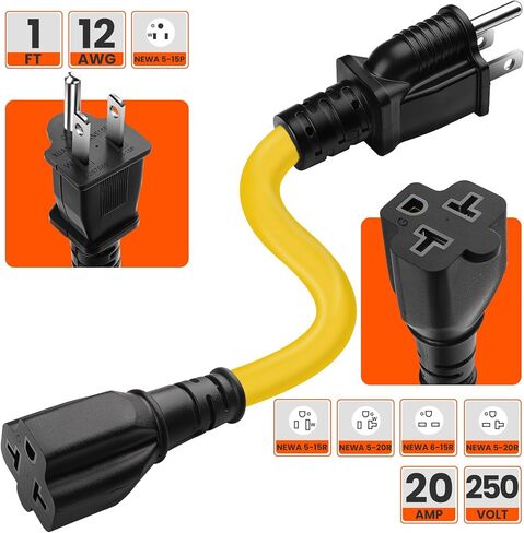 12AWG 15 أمبير قابس تيار متردد منزلي إلى 20 أمبير T كبل محول الشفرة، NEMA 5-15P إلى 5-15R/ 5-20R/ 6-15R/ 6-20R، محول تيار متردد 4 في 1، 15A 125V إلى 20A 250V كابل تمديد، 1FT in Kuwait