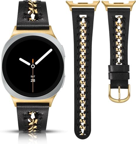 Minyee Leather Band Compatible with Samsung Galaxy Watch 8 40mm 44mm/ 8 Classic 46mm Bands, No Gap One-Click Dressy Premium Leather Strap with Stainless Steel Metal Chain Women, NOT for Other Models in Saudi Arabia
