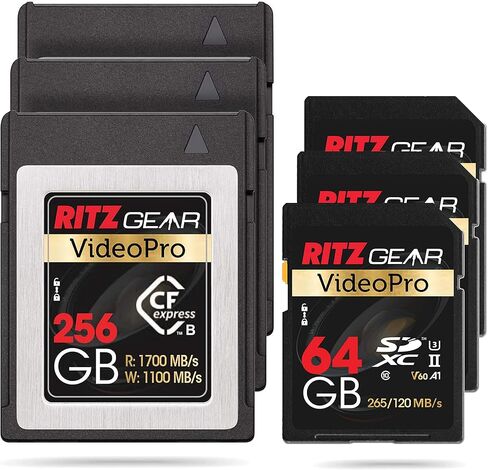 بطاقة RITZ GEAR VideoPro CFExpress Type B سعة 256 جيجابايت (1700/1100 R/W) (لا يُنصح بها لكاميرات نيكون). + بطاقة ذاكرة UHS-II SDXC بسعة 64 جيجابايت U3 V60 A1 (عبوة مكونة من 3 وحدات) in Kuwait