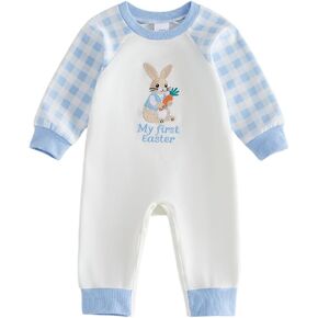 Dcohmch My First Easter Baby Boy Outfit Bunny Letter Embroidered Romper Long Sleeve Plaid Jumpsuit Newborn Infant Clothes in Kuwait