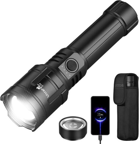مصابيح ULTRAFIRE ذات لومن عالي مع عدسة إشعال، 1500 LM مصباح يدوي تكتيكي قابل للتكبير فائق السطوع مع حافظة، شحن عكسي، 3 أوضاع LED ضوء فلاش قابل لإعادة الشحن للتخييم والطوارئ in Kuwait