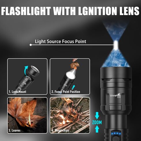 مصابيح ULTRAFIRE ذات لومن عالي مع عدسة إشعال، 1500 LM مصباح يدوي تكتيكي قابل للتكبير فائق السطوع مع حافظة، شحن عكسي، 3 أوضاع LED ضوء فلاش قابل لإعادة الشحن للتخييم والطوارئ in Kuwait
