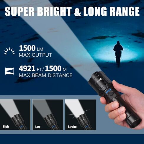 مصابيح ULTRAFIRE ذات لومن عالي مع عدسة إشعال، 1500 LM مصباح يدوي تكتيكي قابل للتكبير فائق السطوع مع حافظة، شحن عكسي، 3 أوضاع LED ضوء فلاش قابل لإعادة الشحن للتخييم والطوارئ in Kuwait