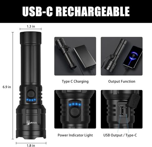 مصابيح ULTRAFIRE ذات لومن عالي مع عدسة إشعال، 1500 LM مصباح يدوي تكتيكي قابل للتكبير فائق السطوع مع حافظة، شحن عكسي، 3 أوضاع LED ضوء فلاش قابل لإعادة الشحن للتخييم والطوارئ in Kuwait