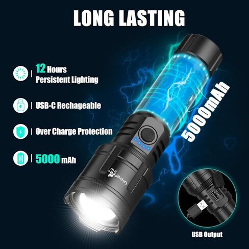 مصابيح ULTRAFIRE ذات لومن عالي مع عدسة إشعال، 1500 LM مصباح يدوي تكتيكي قابل للتكبير فائق السطوع مع حافظة، شحن عكسي، 3 أوضاع LED ضوء فلاش قابل لإعادة الشحن للتخييم والطوارئ in Kuwait